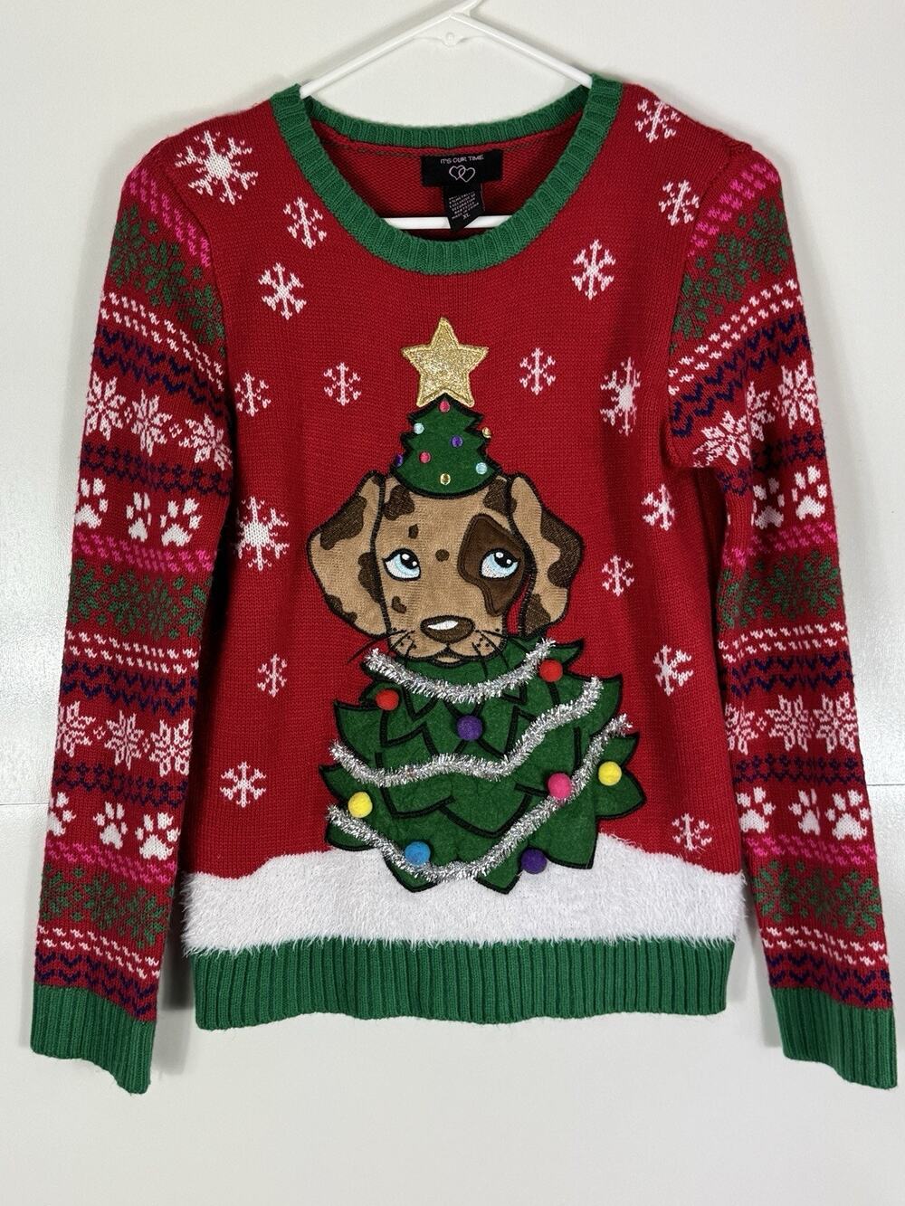 It's Our Time Girls Red Puppy Dog Holiday Christmas Tree Sweater Sz XL